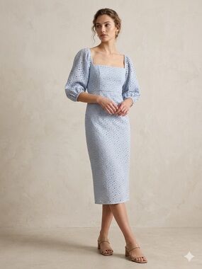 Prose & Poetry Delaney Square Neck Puff Sleeve Eyelet Midi Dress Size XS
